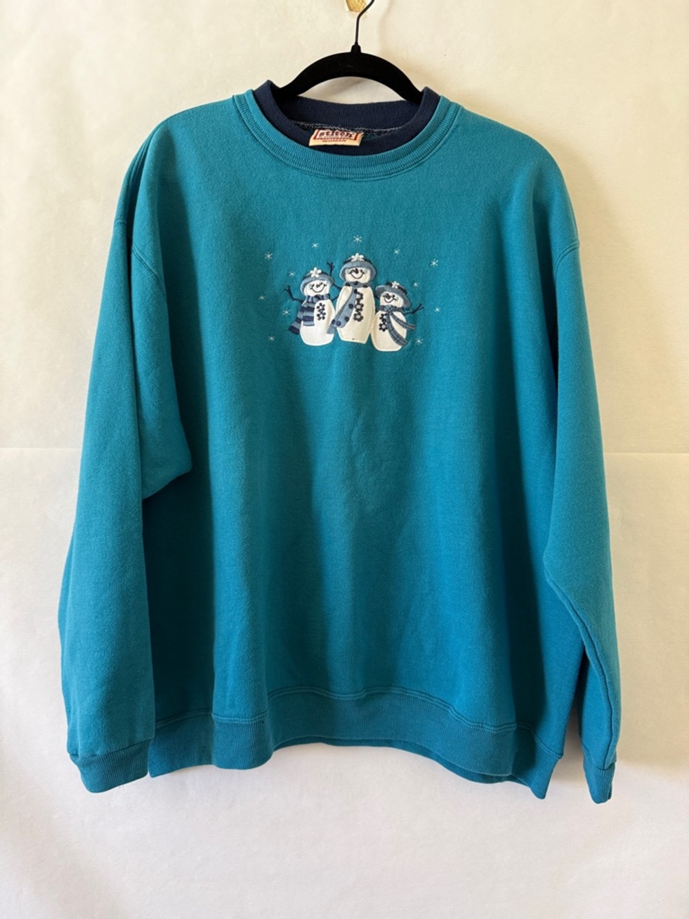 Vintage Top Stitch Teal Snowman Sweatshirt Size XL Christmas Holiday Sweater